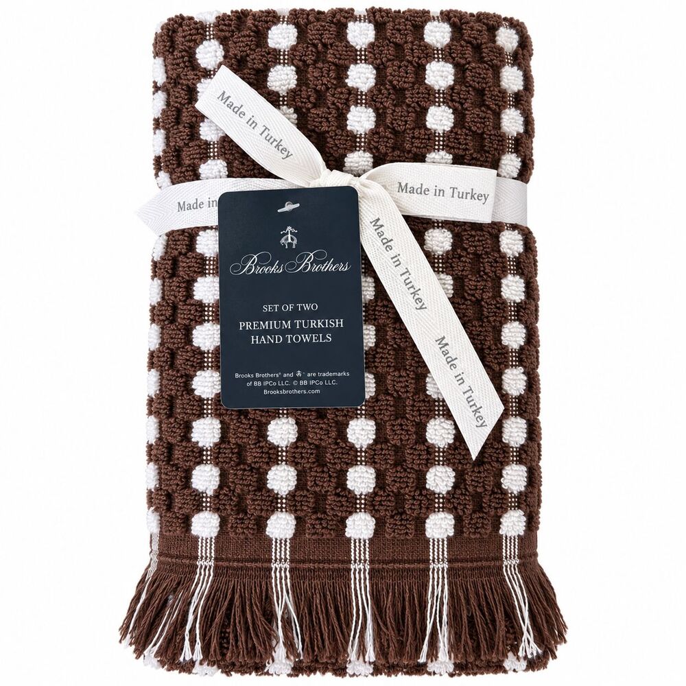 Brooks Brothers Hand Towels Set of 2 Brown White Turkish Cotton Raised Dot Lux